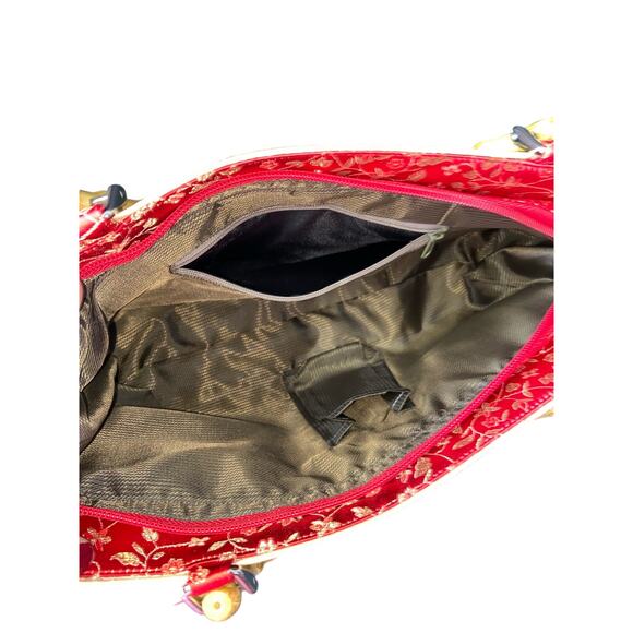 Women Fashion Red Bamboo Floral Handle Bag Purse Vintage Embroidered Silk Style - Picture 4 of 5